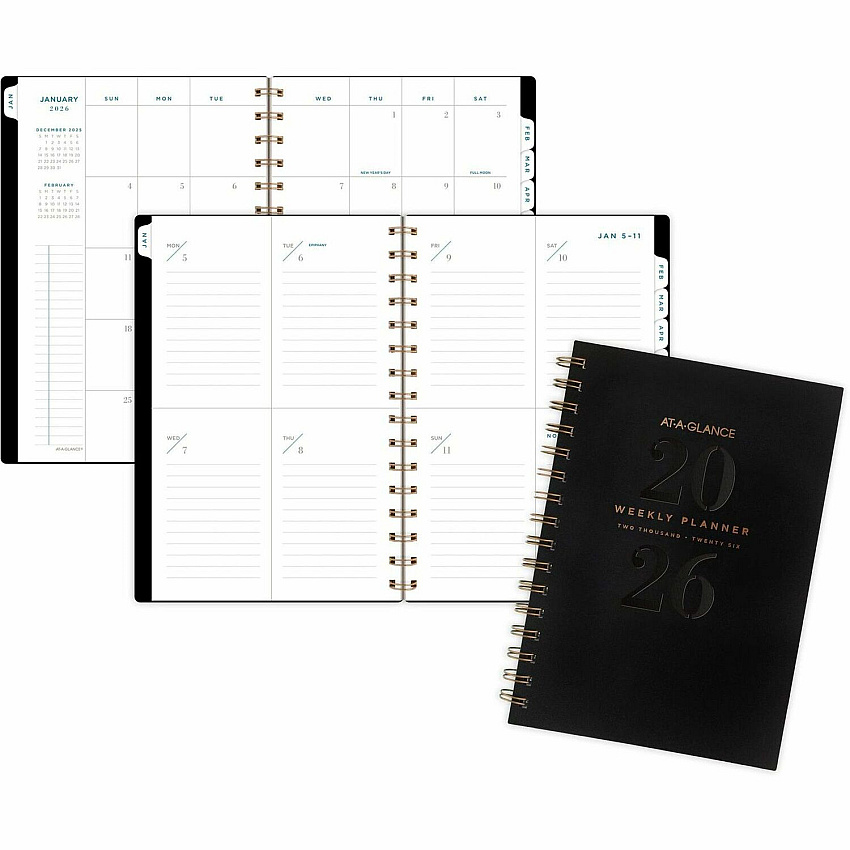 At-A-Glance Signature Lite Weekly Monthly Planner Small - Monthly, Weekly - 12 Month - January 2026 to December 2026 - 1 Week, 1 Month Double Page Layout - 5 1/2" x 8 1/2" Sheet Size - White Sheet - Wire Bound - Black - Poly - Black Cover - Dat (YP200L05)