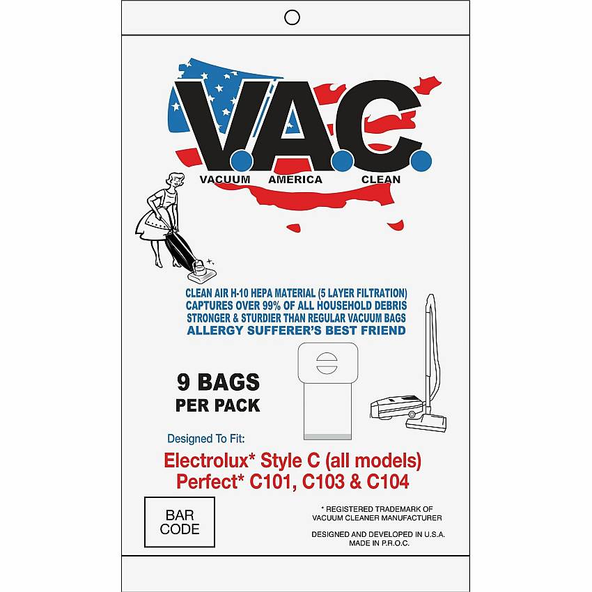 V.A.C. Perfect C101/C103 & Electrolux Vacuum Bags 100 / Pack - White (VAC33)