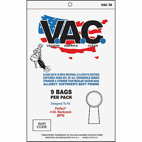 V.A.C. Perfect 4-Quart Backpack Vacuum Bags 9/Pack - 5 / Bundle - 1 gal - White (VAC58)