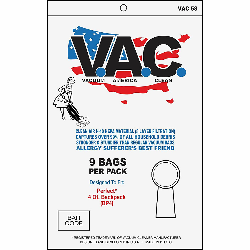V.A.C. Perfect 4-Quart Backpack Vacuum Bags 9/Pack - 5 / Bundle - 1 gal - White (VAC58)