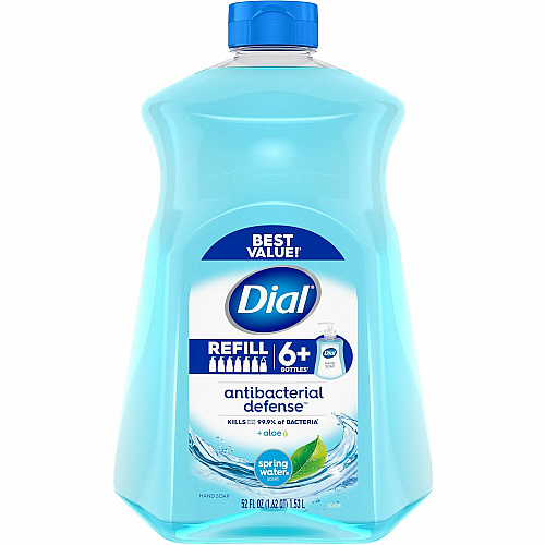 Dial Antibacterial Defense Liquid Hand Soap Spring Water Scent - 1.63 quart - Pump Dispenser - Bacteria Remover - Hand, Skin - Antibacterial - Blue - Recycled - Cruelty-free, Paraben-free, Phthalate-free, Silicone-free, pH Balanced, Sulfate-free - (17010)