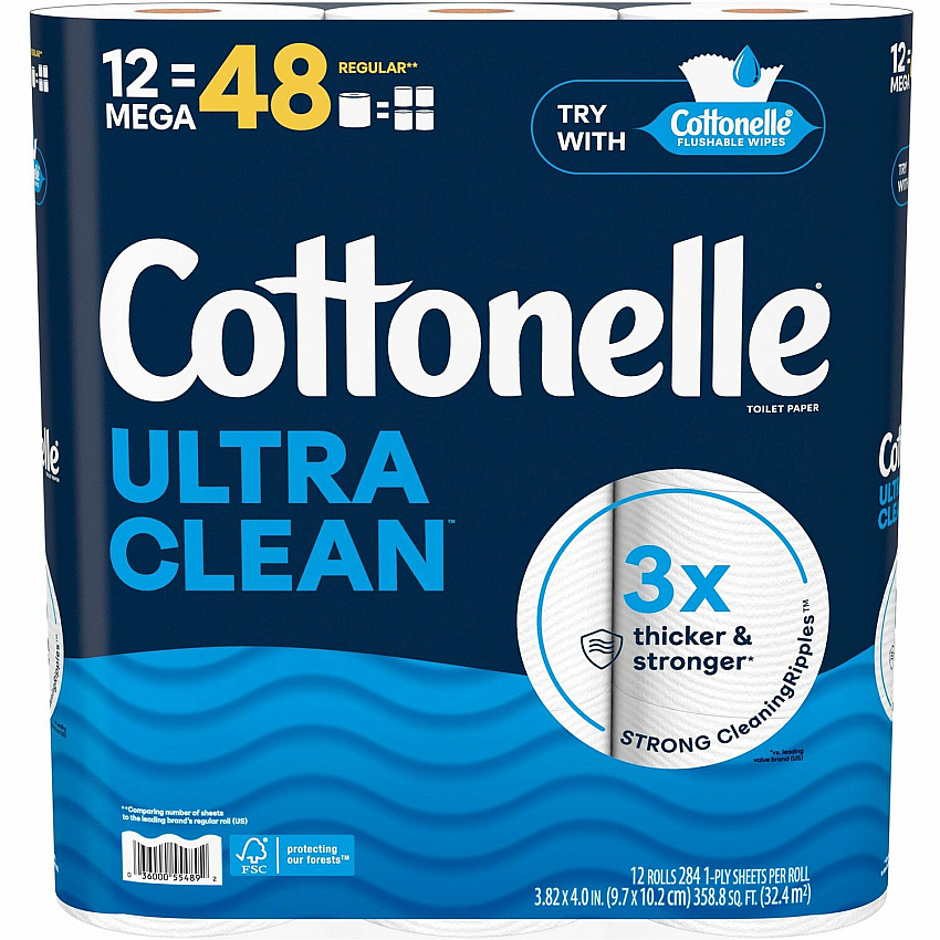 Cottonelle&reg; Ultra Clean Toilet Paper, 1-Ply, 284 Sheets, 12 Rolls (55489)