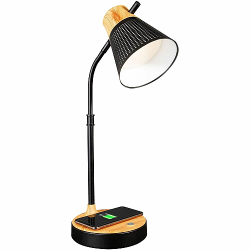 OttLite Wireless Charging LED Table Lamp LED Bulb - Wireless Charging, Adjustable Shade, ClearSun LED, Adjustable Brightness, Color Changing Mode - Faux Wood - Desk Mountable - Black - 1 Each (CSAQA4K9SHPR)