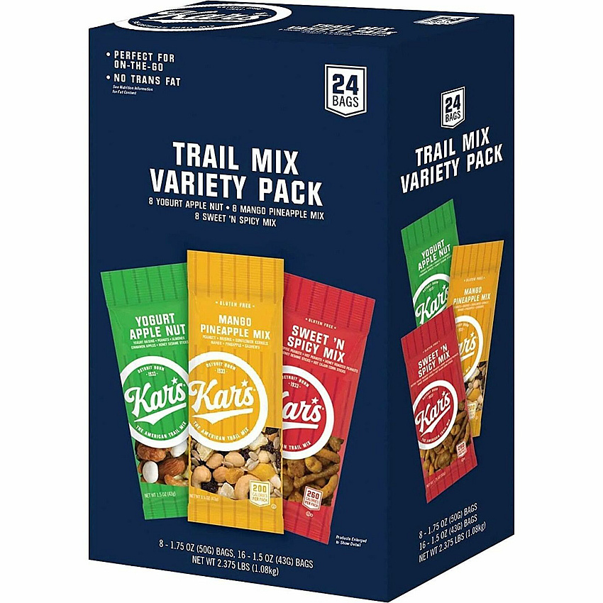 Kar's Nuts Trail Mix Variety Pack Individually Wrapped - Mango Pineapple, Spicy, Yogurt Apple - 24 / Box (08363)