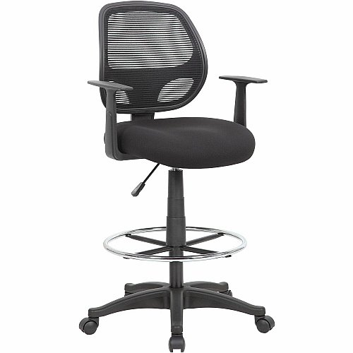 Boss Commercial-Grade Mesh Back Stool High Density Foam (HDF), Fabric Seat Material - Mesh Back Material - 5-star Base - Black - Chrome - Armrest - 1 Each (16606)