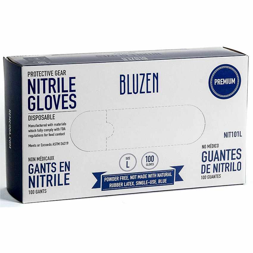 BLUZEN Disposable Nitrile Gloves 3 mil Thickness - Large Size - Nitrile - Blue - Durable, Comfortable - 100/Box - 10 / Carton (NIT101LCT)