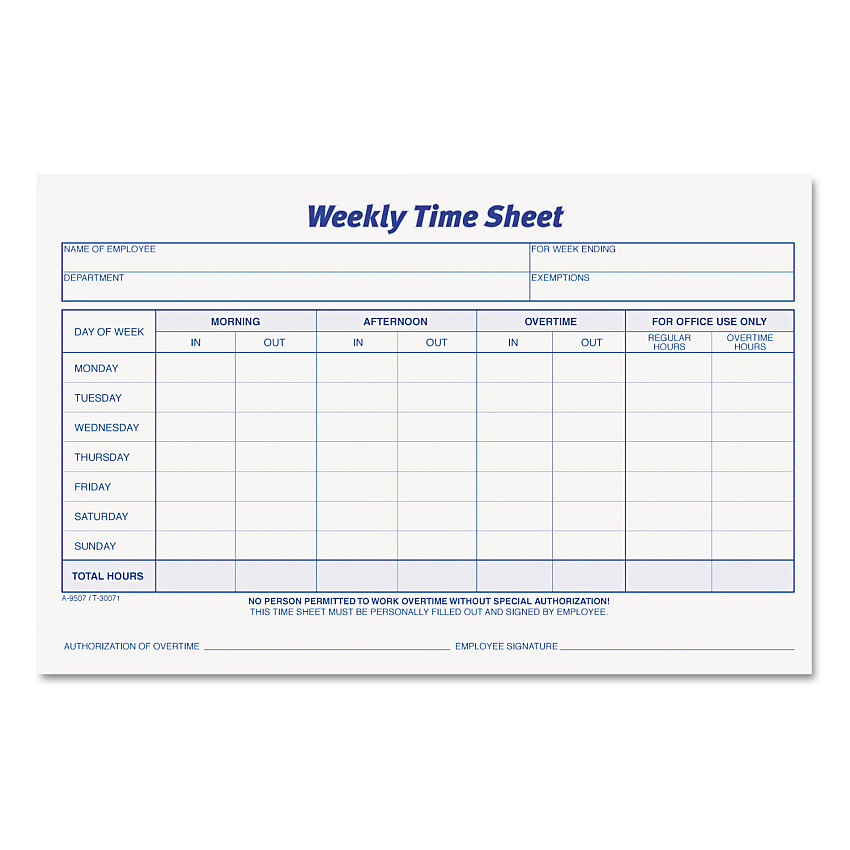 TOPS Weekly Time Sheets, One-Part (No Copies), 8.5 x 5.5, 50 Forms/Pad, 2 Pads/Pack (30071)