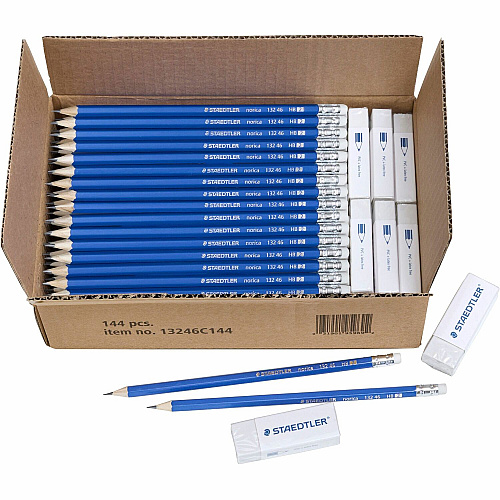 Staedtler Norica Pencils & Erasers Class Pack, 144ct Black Lead - HB/#2 - Fine Point - Wood Barrel - 144 / Box (13246C144)