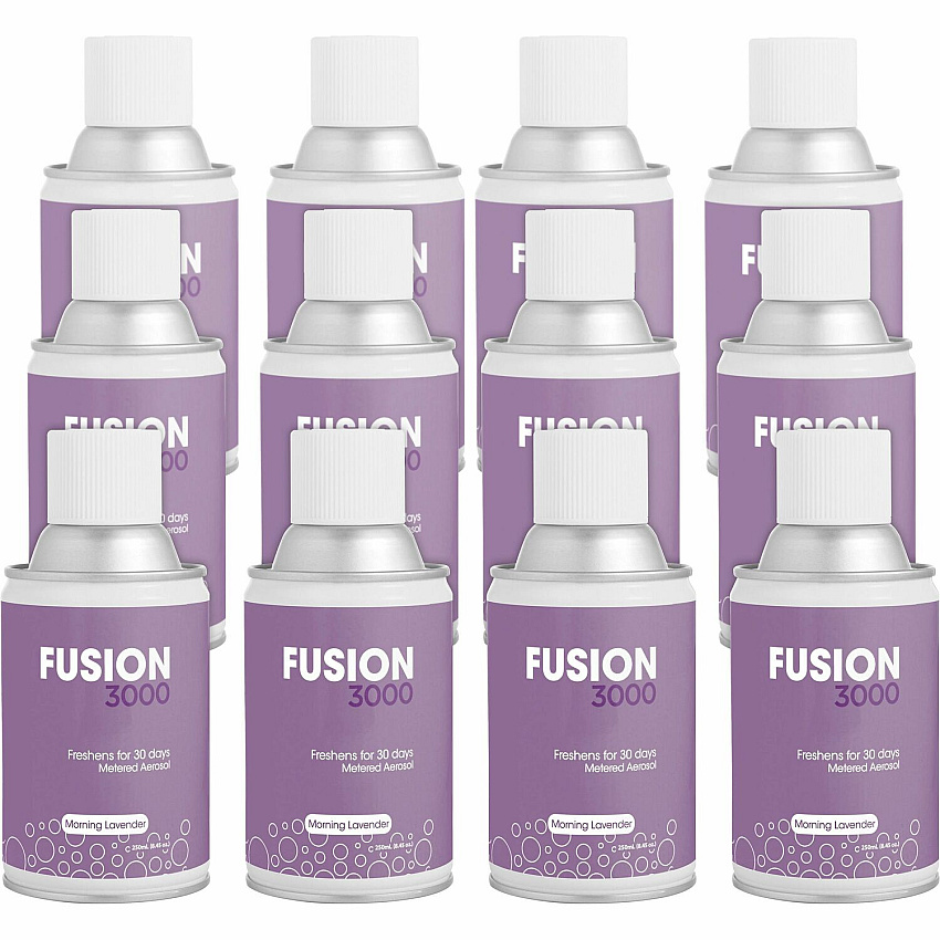 Fresh Products Fusion 3000 Metered Aerosols 6000 ft³ - Morning Lavender - 30 Day - Odor Neutralizer, VOC Compliant - 12 / Carton (MAIRLV)