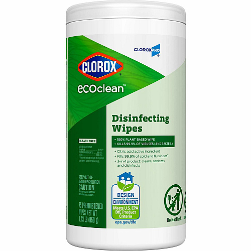 CloroxPro&trade; EcoClean Disinfecting Wipes For Multi Surface, Multipurpose - Ready-To-Use - Wipe - Disinfectant, Dye-free, Bleach-free, Ammonia-free - Green - 75 Each (60605)