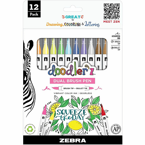 Zebra Pen Doodler'z Dual Brush Pen Bullet, Brush Pen Point - Assorted Ink - Water Based - 12 / Pack (61002)
