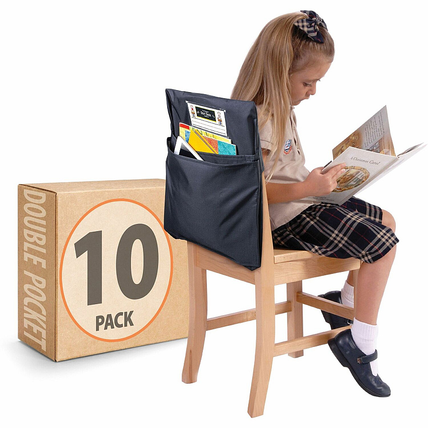 Seat Sack 10-Count 2-Pocket Classroom Pack 2 Pocket(s) - 2 Compartment(s) - 14" Width x 2" Depth - Chair - Desk Space, Durable, Laminated, Expandable, Washable - Black - Poly Cotton - 10/Pack - 1 Carton (30224SEBUND)