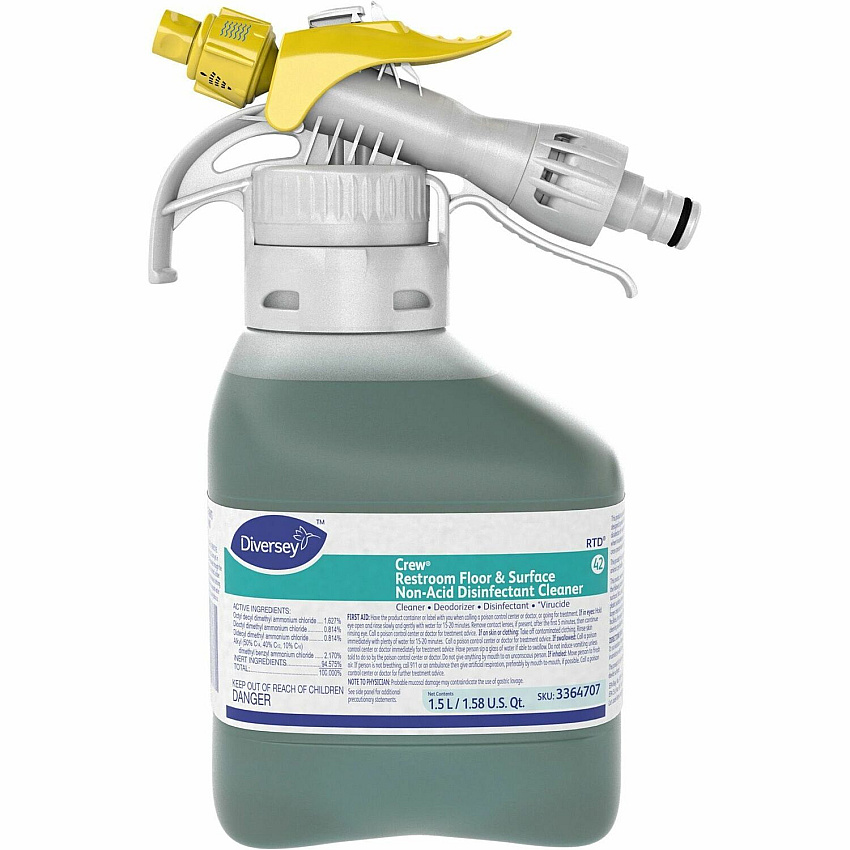 Diversey Crew Restroom Disinfectant Cleaner For Multi Surface - Concentrate - Liquid - 50.7 fl oz (1.6 quart) - 7 pH - Fresh Scent - Cleanse, Deodorize, Disinfectant, Rinse-free, Virucidal - Green Spray - 1 Each (3364707)