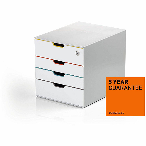 DURABLE Varicolor Safe Mix 4, White/Multicolor 4 Drawer(s) - 11" Height x 11.50" Width x 14" Depth - Stackable - Lockable, Stackable, Recessed Handle, Non-slip, Locking Drawer, Storage Drawer, Pull-out Drawer, Anti-slip, Plastic Feet, Removable D (762627)