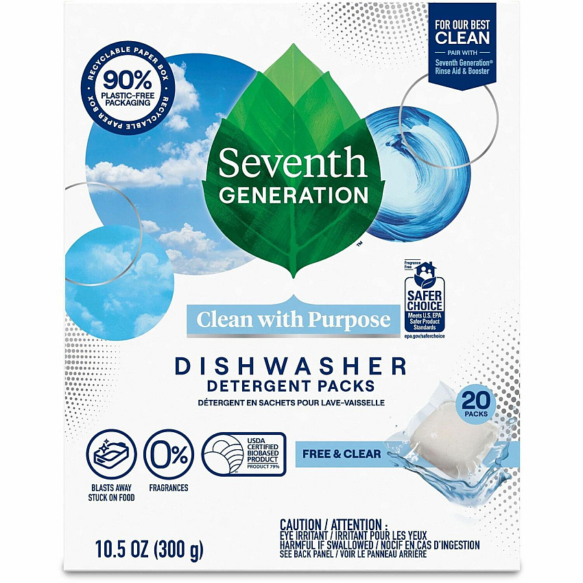 Seventh Generation Natural Dishwasher Detergent For Dish - Free & Clear Scent - Dirt Resistant, Spill Resistant, Easy to Use, Grease Resistant, Hypoallergenic, Bio-based, Kosher, Fragrance-free, Dye-free, Phosphate-free, Gluten-free - Clear - 20 / (45177)
