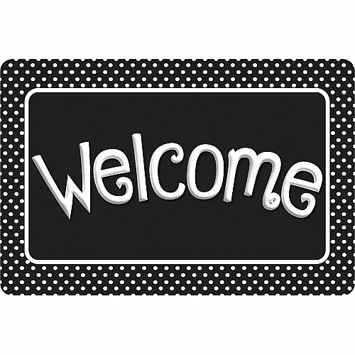 Ashley Smart Poly Original Fun Welcome Mat Classroom, Student, Floor - 15.50" Length x 23.50" Width - Welcome, BK/WE Polka Dots - Multicolor - 1 Each (91517)
