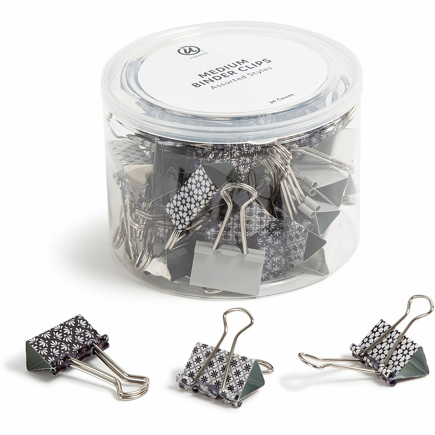 U Brands Binder Clip Medium - 1" Width - 145 Sheet Capacity - for Paperwork, Paper, Office, Home, School, Document, Notes, File, Assignment - Acid-free, Non-magnetic, Durable, Non-slip Grip - Assorted, Silver, White, Black - Steel, Metal - 36  (3607U0624)
