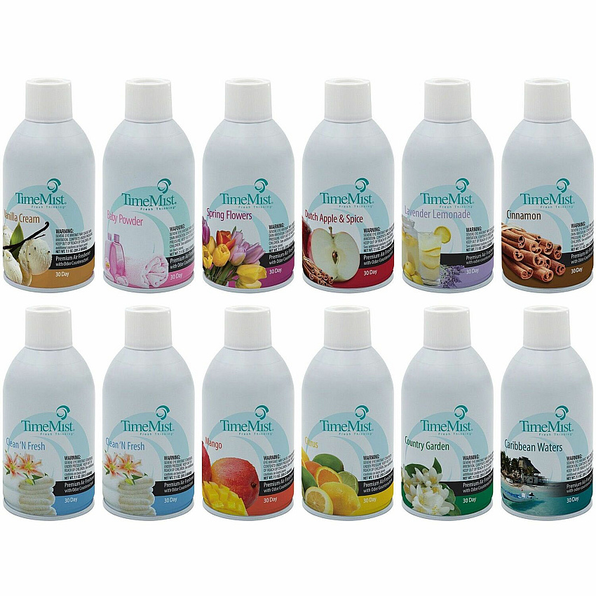 TimeMist Air Freshener Assortment Clean and Fresh, Mango, Citrus, Country Garden, Caribbean Waters, Vanilla, Lavender Lemonade, Dutch Apple/Spice, Spring Flower, Baby Powder, Cinnamon - 30 Day - Long Lasting, Odor Neutralizer - 12 / Carton (1050698)