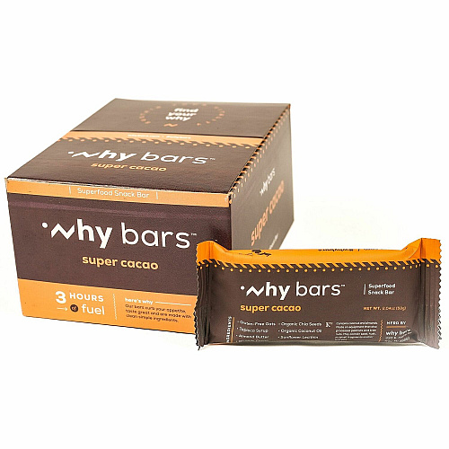 Why Bars Superfood Protein Snack Bars Gluten-free, Dairy-free, Soy-free, Non-GMO, Individually Wrapped - Super Cacao - 2.04 oz - 12 / Pack (WB1)