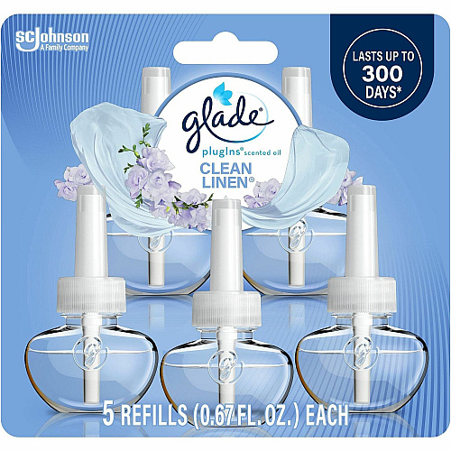 Glade PlugIns Refill Oil - 3.3 fl oz (0.1 quart) - Clean Linen - 50 Day - Long Lasting, Phthalate-free, Formaldehyde-free, Nitro Musk Free - 5 / Pack (375682)