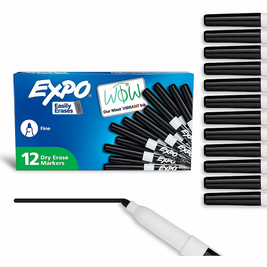 Expo Low-Odor Dry Erase Markers Fine Marker Point - Erasable - Black Ink - Dry - 1 Dozen (86001A)