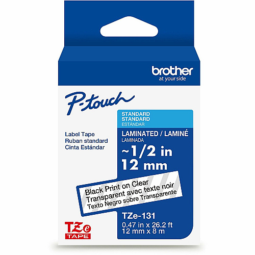 Brother P-touch TZe Label Tape - DiameterTape - Thermal - Black on Clear - Water Resistant - Laminated - Chemical Resistant, Abrasion Resistant, Temperature Resistant, Fade Resistant, Easy Peel, Split Backing, Durable, Strong Adhesive, Grease Re (TZE131G)