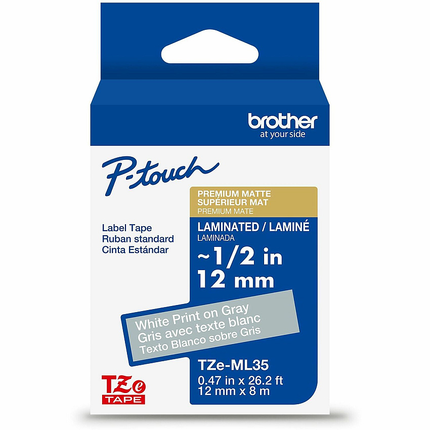 Brother Label Tape x 15/32" Width - Tape - Permanent Adhesive - Matte Gray - Water Resistant - Laminated - Abrasion Resistant, Fade Resistant, Damage Resistant, Chemical Resistant - 1 Each (TZEML35G)