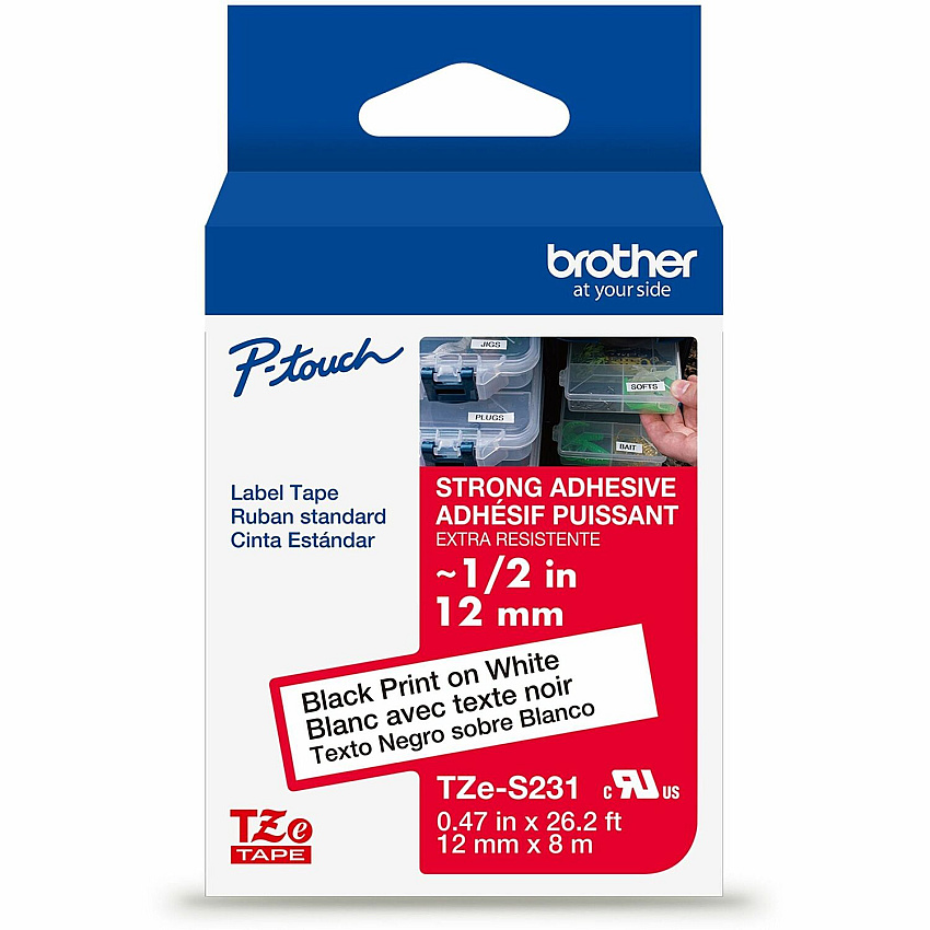 Brother P-touch TZe Laminated Label Tape x 15/32" Width - Tape - White - Polyethylene Terephthalate (PET) - Water Resistant - Laminated - Easy to Read, Temperature Resistant, Customizable, Long Lasting, Peeling Resistant, Fade Resistant - 26.20 (TZES231G)