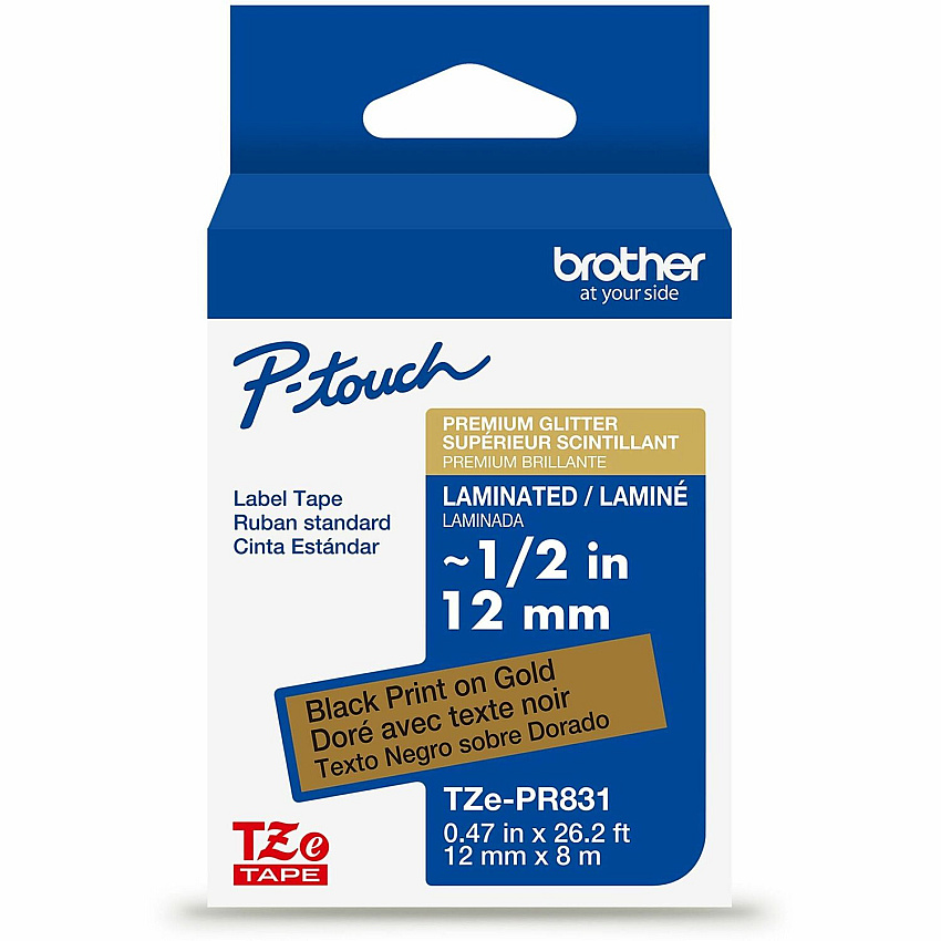 Brother Multipurpose Label x 15/32" Width - Tape - Permanent Adhesive - Glitter Gold - Water Resistant - Laminated - Abrasion Resistant, Fade Resistant, Damage Resistant, Chemical Resistant - 1 Each (TZEPR831G)