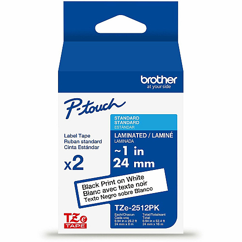 Brother P-touch TZe Label Tape x 15/16" Width x 26 1/4 ft Length - Tape - White - Polyethylene - Water Resistant - Laminated - High Durable, Wear Resistant, Tear Resistant, Fade Resistant, Abrasion Resistant, Temperature Resistant, Split Back (TZE2512PKG)