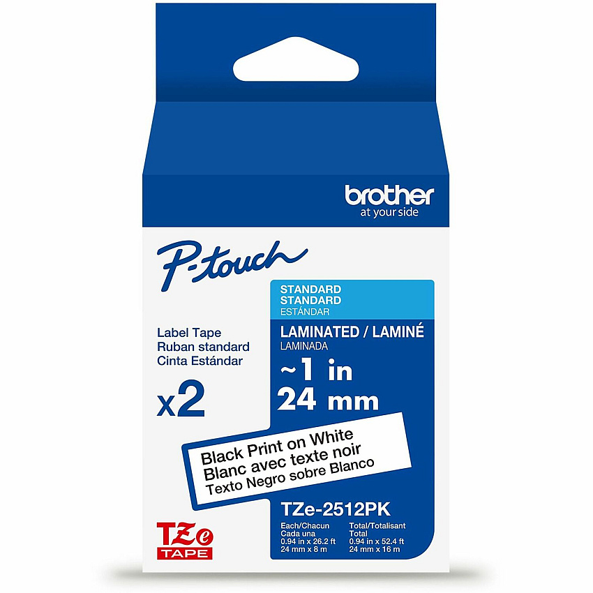 Brother P-touch TZe Label Tape x 15/16" Width x 26 1/4 ft Length - Tape - White - Polyethylene - Water Resistant - Laminated - High Durable, Wear Resistant, Tear Resistant, Fade Resistant, Abrasion Resistant, Temperature Resistant, Split Back (TZE2512PKG)