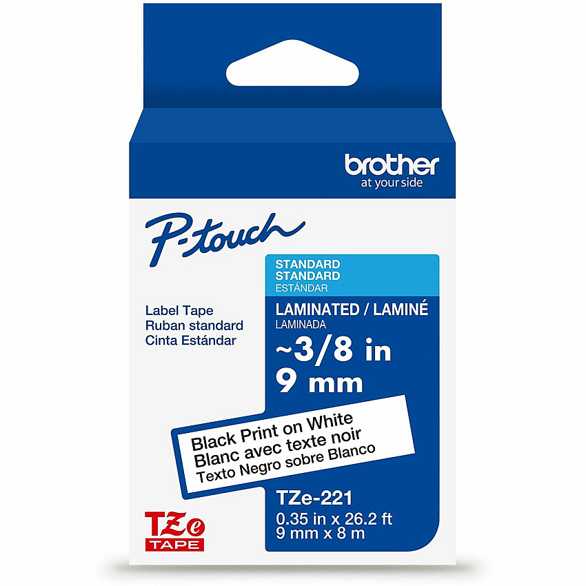 Brother P-touch TZe Laminated Label Tape x 11/32" Width - Tape - White - Water Resistant - Laminated - Easy to Read, Temperature Resistant, Customizable, Long Lasting, Peeling Resistant, Fade Resistant - 26.20 ft Roll Length - 1 Each (TZE221G)