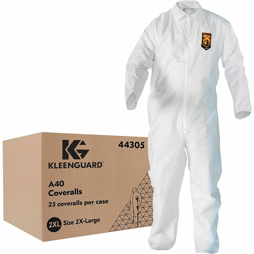 Ansell Health A40 Protection Coveralls 2-Xtra Large - Liquid, Dry Particle Protection - Film Laminate - White - Zipper Front, Elastic Wrist & Ankle, Elastic Back, Hood, Non-skid, Breathable, Microporous, Anti-static, Disposable - 25 / Carton (44305)