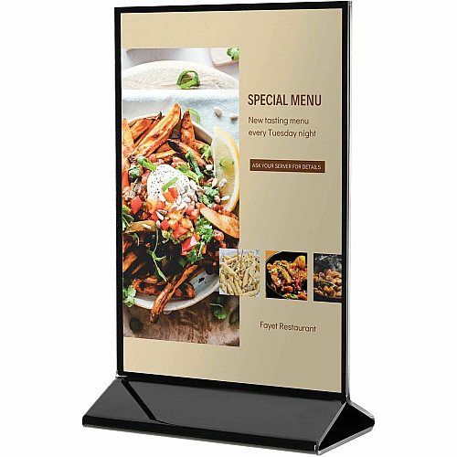 Deflecto Double-Sided Sign Holder w/Base Support 4" x 6" Media - Portrait, Vertical - 7" Height x 4.3" Width x 2.3" Depth - Plastic, Polystyrene - Clear, Black - Top Loading, Side-loading, Sturdy, Double-sided - 1 Each (4428)