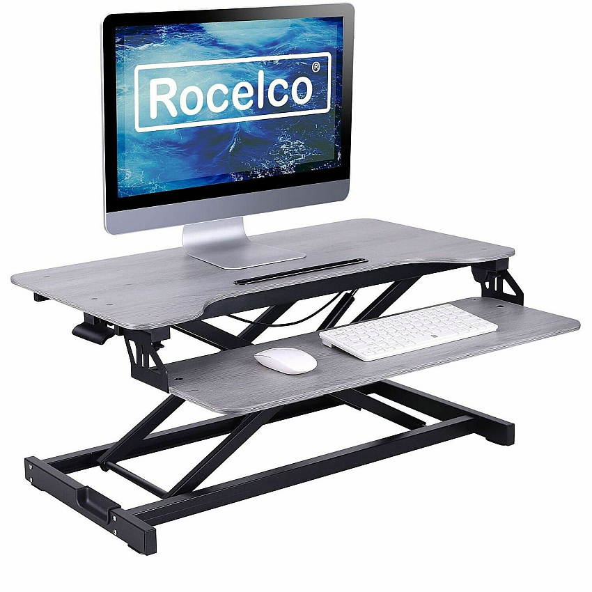 Rocelco Desk Riser & Converter 30 lb Load Capacity - 19.70" Height x 31.50" Width x 17" Depth - Desk - Gray Wood Grain - For Monitor, Keyboard, Notebook, Tablet, Smartphone - Ergonomic, Keyboard Tray, Sit-stand, Grommet, Cable Management, Handle  (RVADRG)