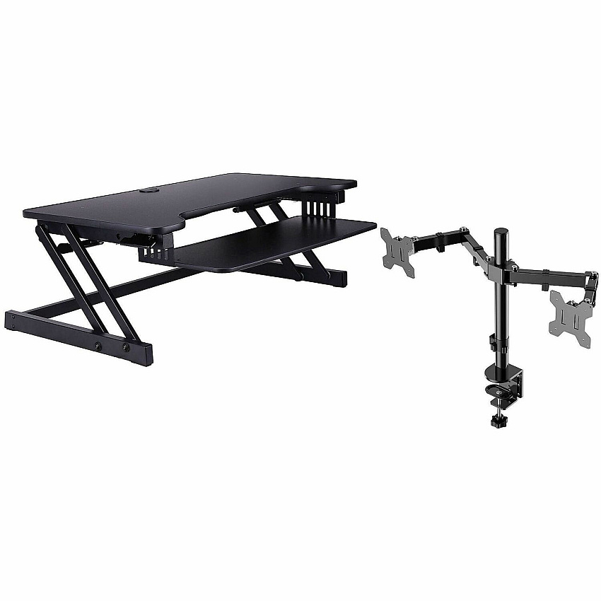 Rocelco Standing Desk Converter & Dual-Monitor Mount 35 lb Load Capacity - 17" Height x 37.50" Width x 20.50" Depth - Desk - Black - For Monitor, Keyboard - Retractable, Grommet, Cable Management, Flexible, Dual Display, Scratch Resistant Pad, (RDADRBDM2)