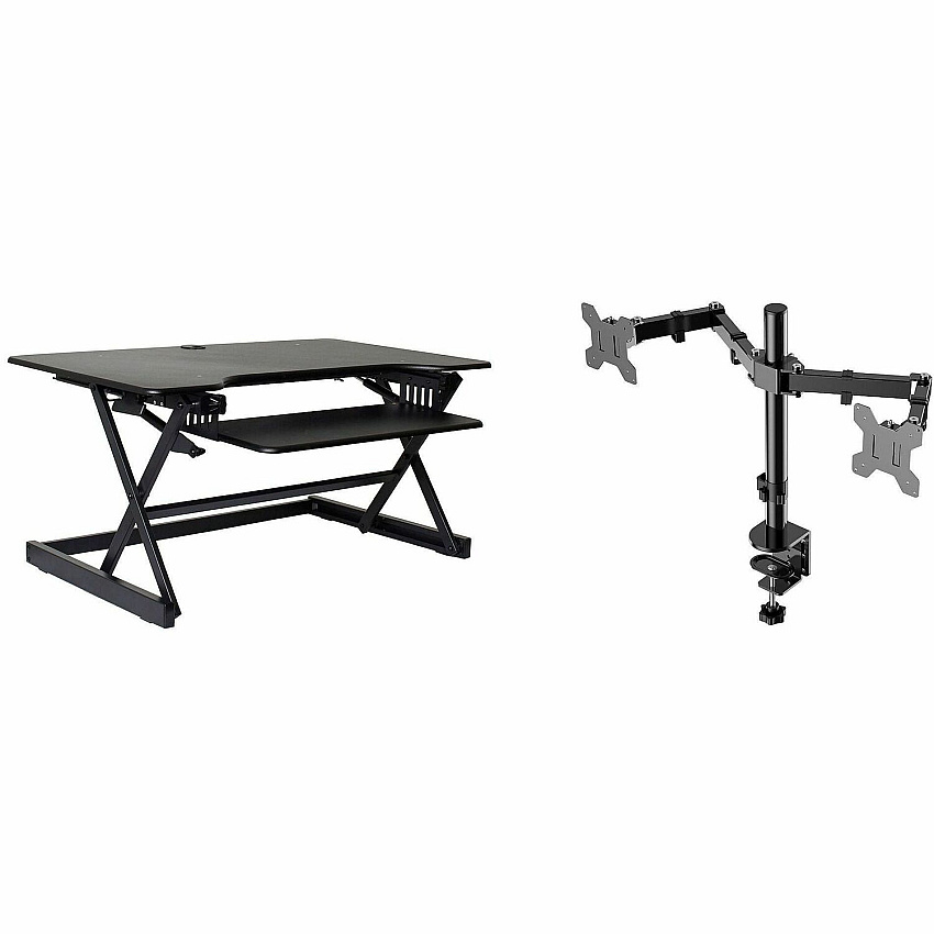 Rocelco Standing Desk Converter & Dual-Monitor Mount 40 lb Load Capacity - 20" Height x 40" Width x 23.60" Depth - Desk - Black - For Monitor, Notebook, Keyboard - Retractable, Keyboard Tray, Grommet, Cable Management, Flexible, Dual Display (RDADRB40DM2)