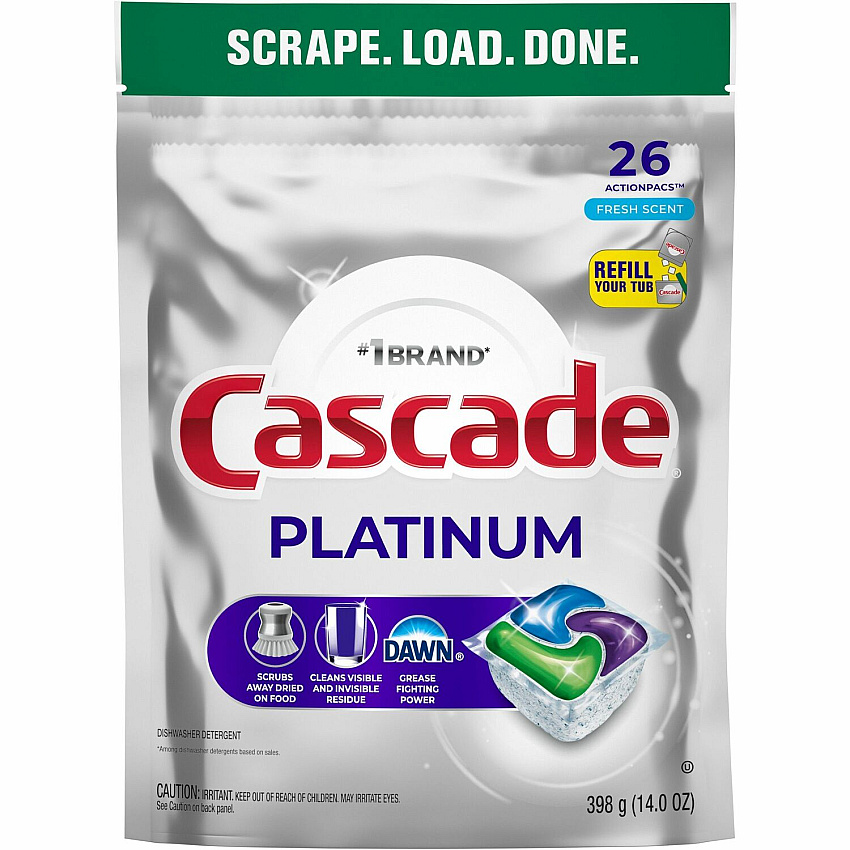 Cascade Platinum ActionPacs For Glassware, Dish, Dishwasher - Pod - Recommended For: Residue Remover, Dried-on Food Remover - Enzyme Activated - Silver - 26 - 1 Each (15536)