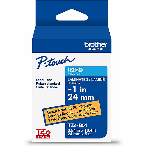 Brother P-touch TZe Laminated Label Tape x 15/16" Width - Tape - Fluorescent Orange - Water Resistant - Laminated - Customizable, Peeling Resistant, Fade Resistant, Long Lasting, Temperature Resistant, Easy to Read - 26.20 ft Roll Length - For L (TZEB51G)