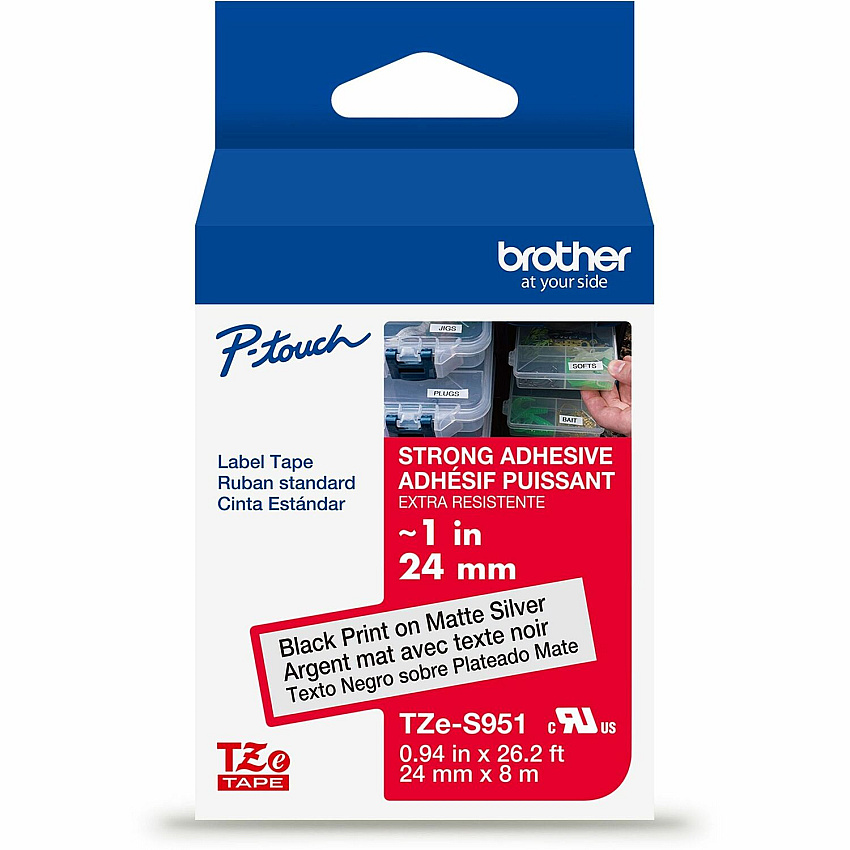 Brother P-touch Extra-Strength TZe Tape Cartridge x 15/16" Width - Tape - Matte Silver - Water Resistant - Laminated - Customizable, Long Lasting, Strong, Durable, Abrasion Resistant, Chemical Resistant, Fade Resistant, Sunlight Resistant - 26. (TZES951G)