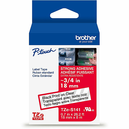 Brother P-touch Extra-Strength TZe Tape Cartridge x 45/64" Width - Cartridge - Clear - Water Resistant - Laminated - Strong, Durable, Customizable, Long Lasting, Abrasion Resistant, Chemical Resistant, Fade Resistant, Sunlight Resistant - 26.20 (TZES141G)