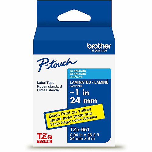 Brother P-touch TZe Laminated Label Tape x 15/16" Width - Tape - Yellow - Water Resistant - Laminated - Easy to Read, Temperature Resistant, Customizable, Long Lasting, Peeling Resistant, Fade Resistant - 26.20 ft Roll Length - 1 Each (TZE651G)