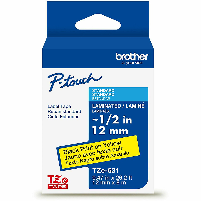 Brother P-touch TZe Laminated Label Tape x 15/32" Width - Tape - Yellow - Water Resistant - Laminated - Easy to Read, Temperature Resistant, Customizable, Long Lasting, Peeling Resistant, Fade Resistant - 26.20 ft Roll Length - 1 Each (TZE631G)