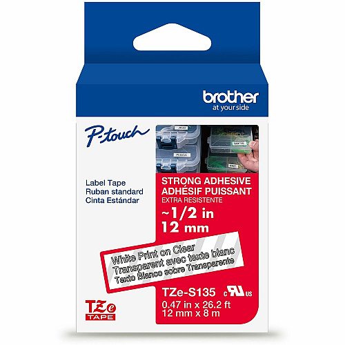 Brother P-touch Extra-Strength TZe Tape Cartridge x 15/32" Width - Cartridge - Clear - Water Resistant - Laminated - Strong, Durable, Customizable, Long Lasting, Abrasion Resistant, Chemical Resistant, Fade Resistant, Sunlight Resistant - 26.20 (TZES135G)