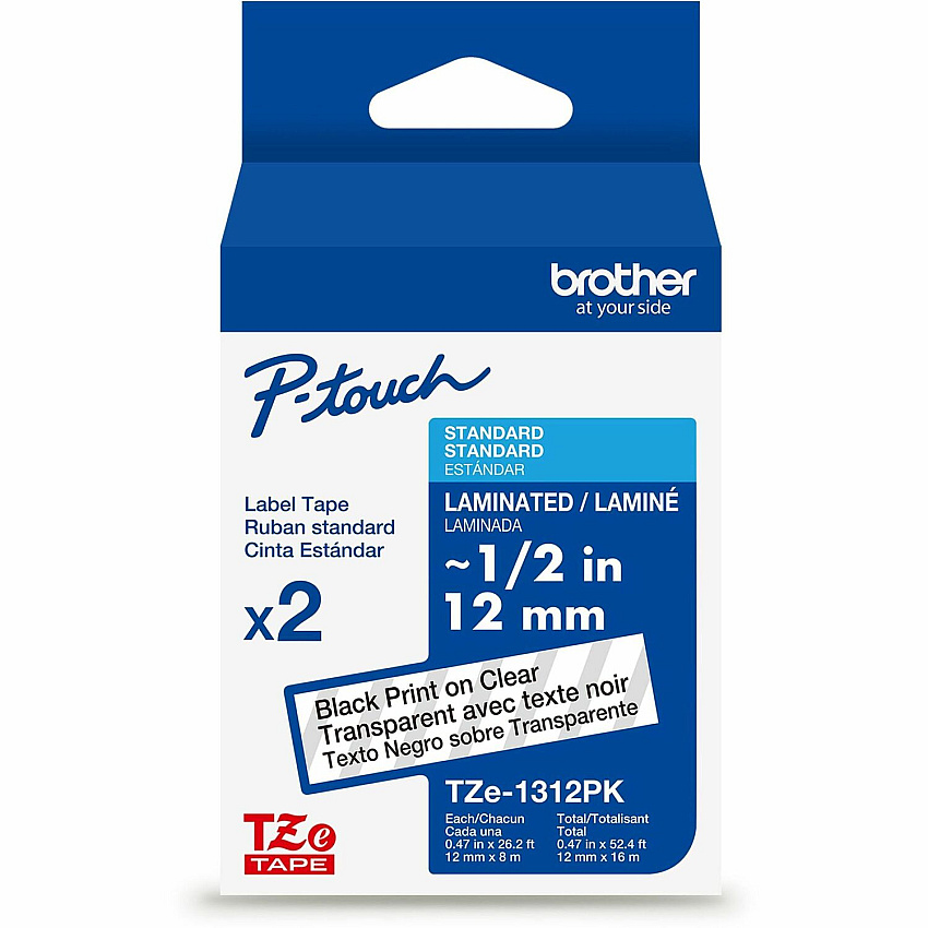 Brother P-touch TZe Laminated Label Tape x 15/32" Width - Tape - Clear - Water Resistant - Laminated - Temperature Resistant, Easy to Read, Peeling Resistant, Fade Resistant, Customizable, Long Lasting - 26.20 ft Roll Length - 1 / Each (TZE1312PKG)