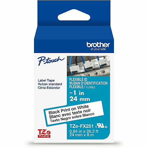 Brother Flexible ID Tape x 15/16" Width - Tape - White - Water Resistant - Laminated - Flexible, Strong, Durable, Customizable, Long Lasting, Eco-friendly, Chemical Resistant, Abrasion Resistant, Fade Resistant - 26.20 ft Roll Length - For Lab (TZEFX251G)