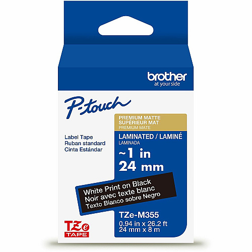 Brother TZe Premium Matte Laminated Tape x 15/16" Width - Cartridge - Matte - Matte Black - Water Resistant - Laminated - Strong, Durable, Long Lasting, Customizable - 26.20 ft Roll Length - For Label Maker - 1 Each (TZEM355G)