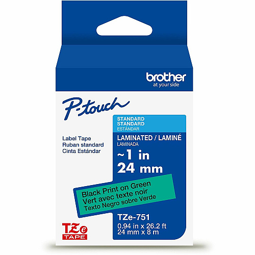 Brother P-touch TZe Laminated Label Tape x 15/16" Width - Tape - Green - Water Resistant - Laminated - Eco-friendly, Easy to Read, Peeling Resistant, Fade Resistant, Long Lasting, Customizable, Temperature Resistant - 26.20 ft Roll Length - For  (TZE751G)