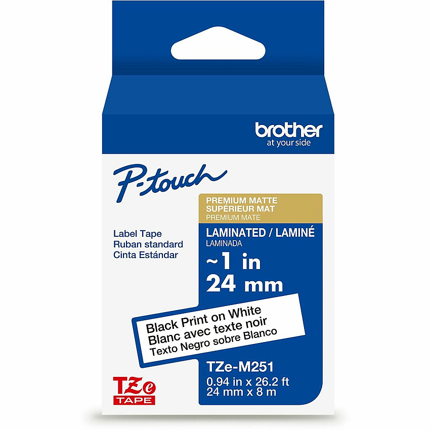 Brother TZe Premium Matte Laminated Tape x 15/16" Width - Tape - Matte - Matte White - Water Resistant - Laminated - Eco-friendly, Long Lasting, Customizable, Strong, Durable - 26.20 ft Roll Length - For Label Maker - 1 Each (TZEM251G)