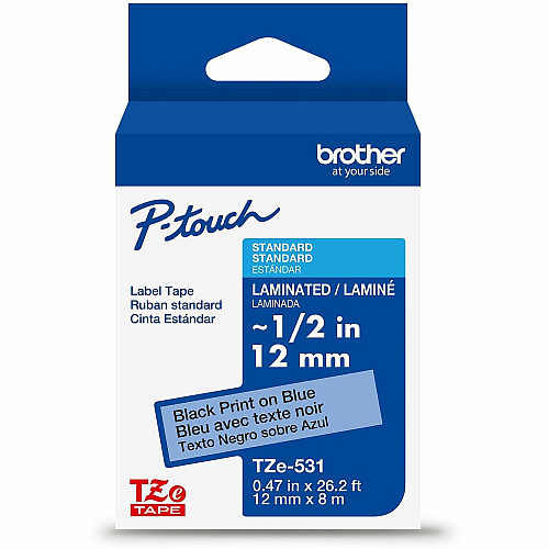 Brother P-touch TZe Laminated Label Tape x 15/32" Width - Tape - Blue - Water Resistant - Laminated - Easy to Read, Temperature Resistant, Customizable, Long Lasting, Peeling Resistant, Fade Resistant - 26.20 ft Roll Length - 1 Each (TZE531G)